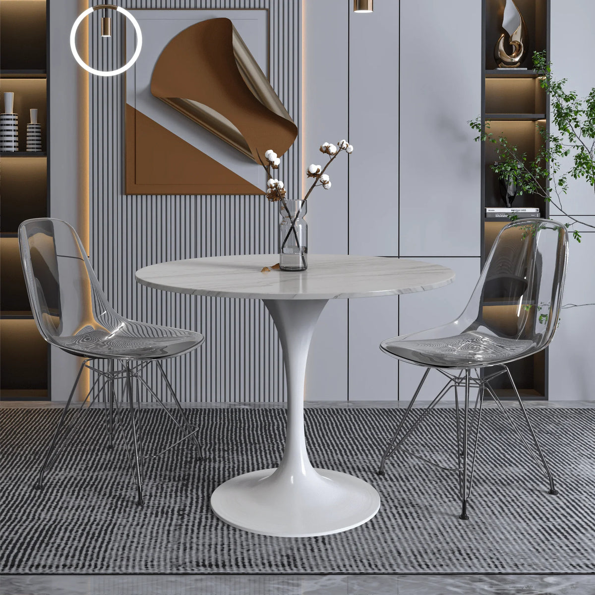 Verve Round Dining Table with MDF/Sintered Stone/Resin Tabletop in White Stainless Steel Pedestal Base - Elax Furniture