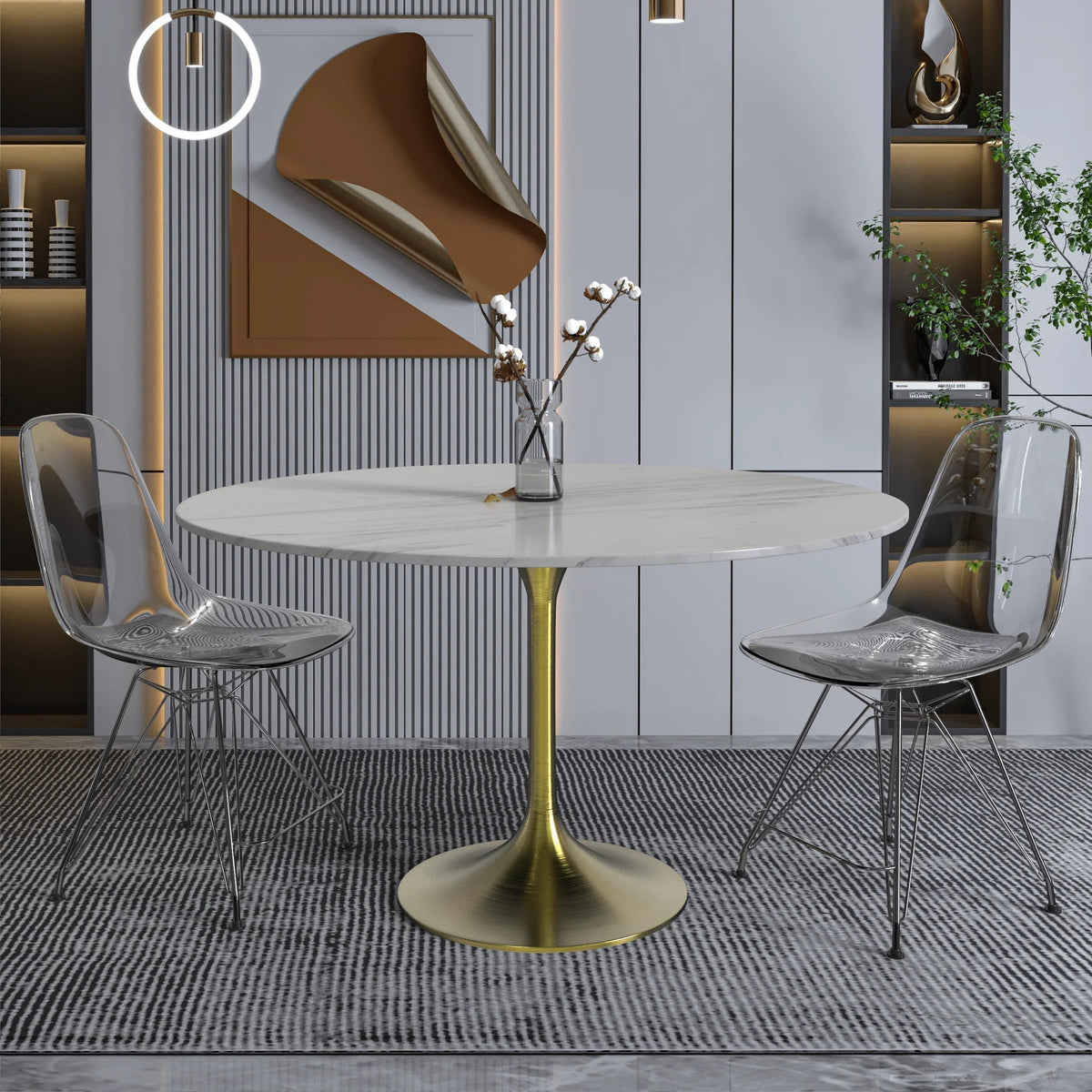 Verve Round Dining Table with MDF/Sintered Stone/Resin Tabletop in Gold Stainless Steel Pedestal Base - Elax Furniture