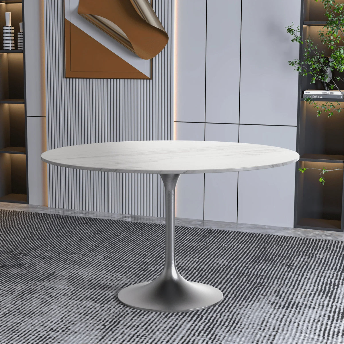 Verve Round Dining Table with MDF/Sintered Stone/Resin Tabletop in Silver Stainless Steel Pedestal Base - Elax Furniture