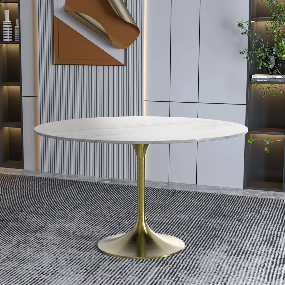 Verve Round Dining Table with MDF/Sintered Stone/Resin Tabletop in Gold Stainless Steel Pedestal Base - Elax Furniture