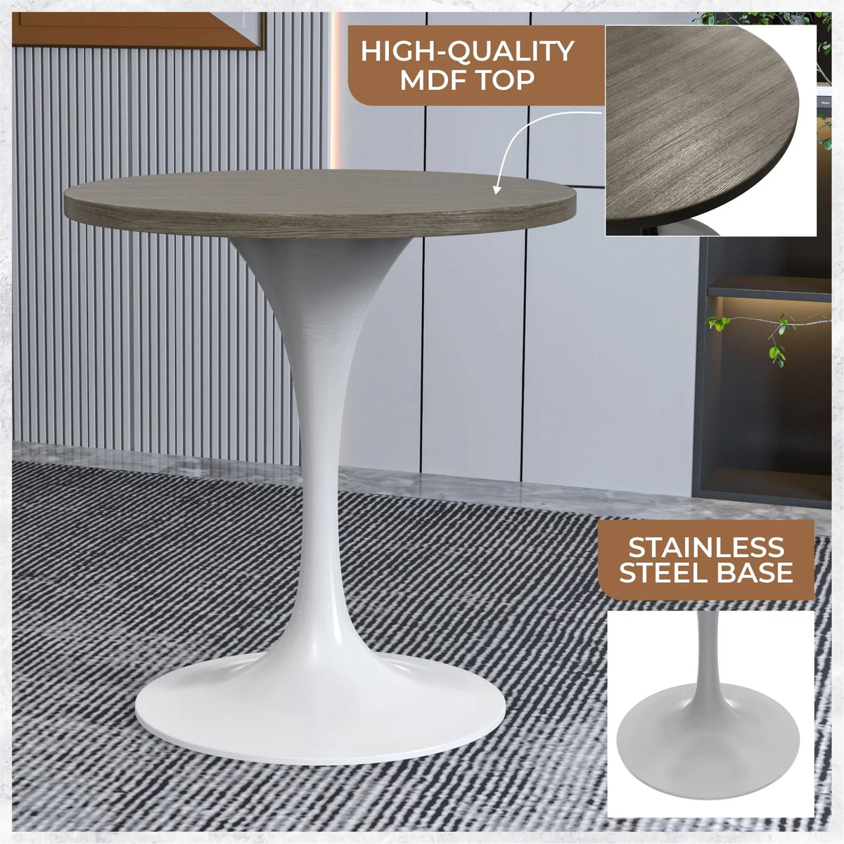 Verve Round Dining Table with MDF/Sintered Stone/Resin Tabletop in White Stainless Steel Pedestal Base - Elax Furniture