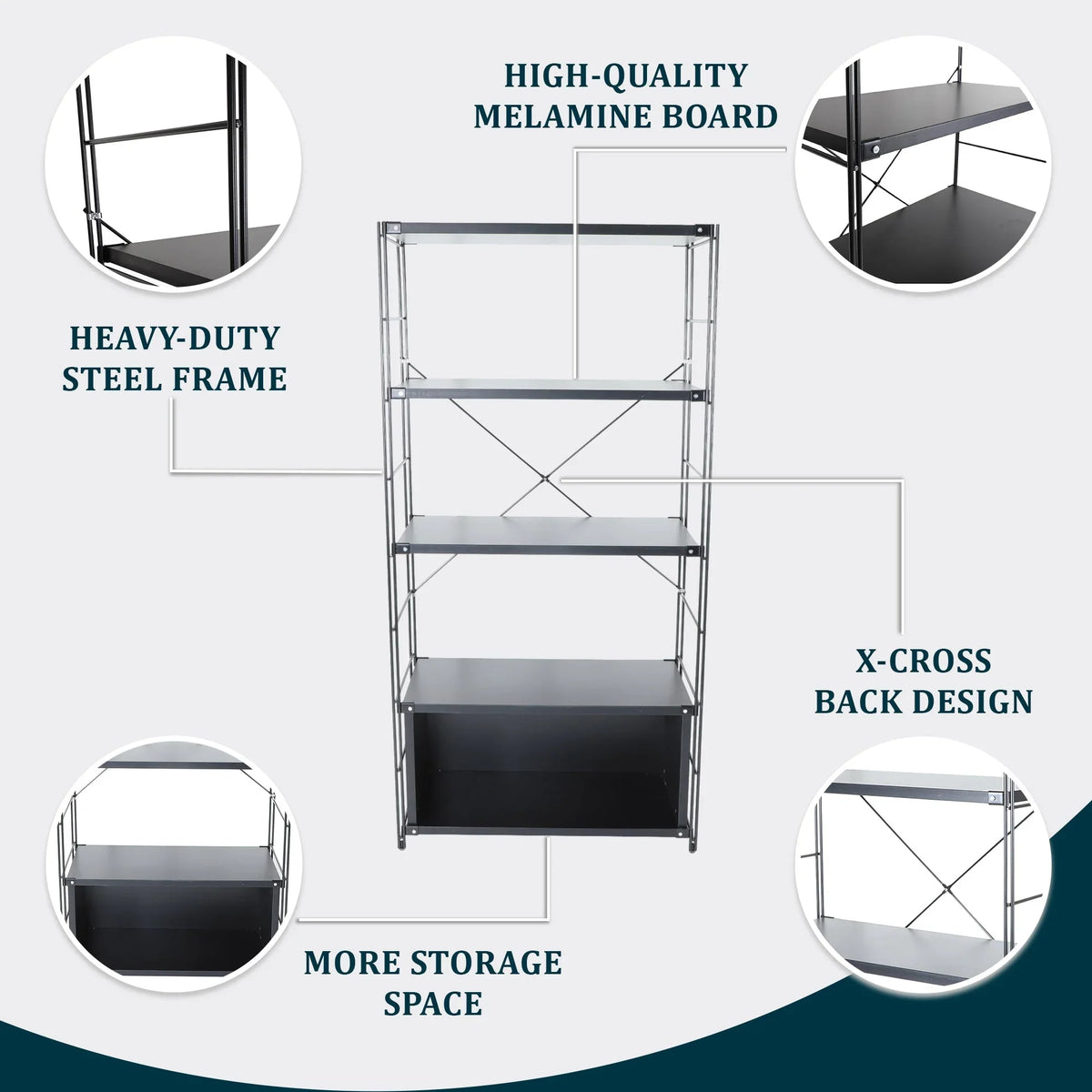 Brentwood Etagere Bookcase with White Powder Coated Steel Frame and Melamine Board Shelves - Elax Furniture