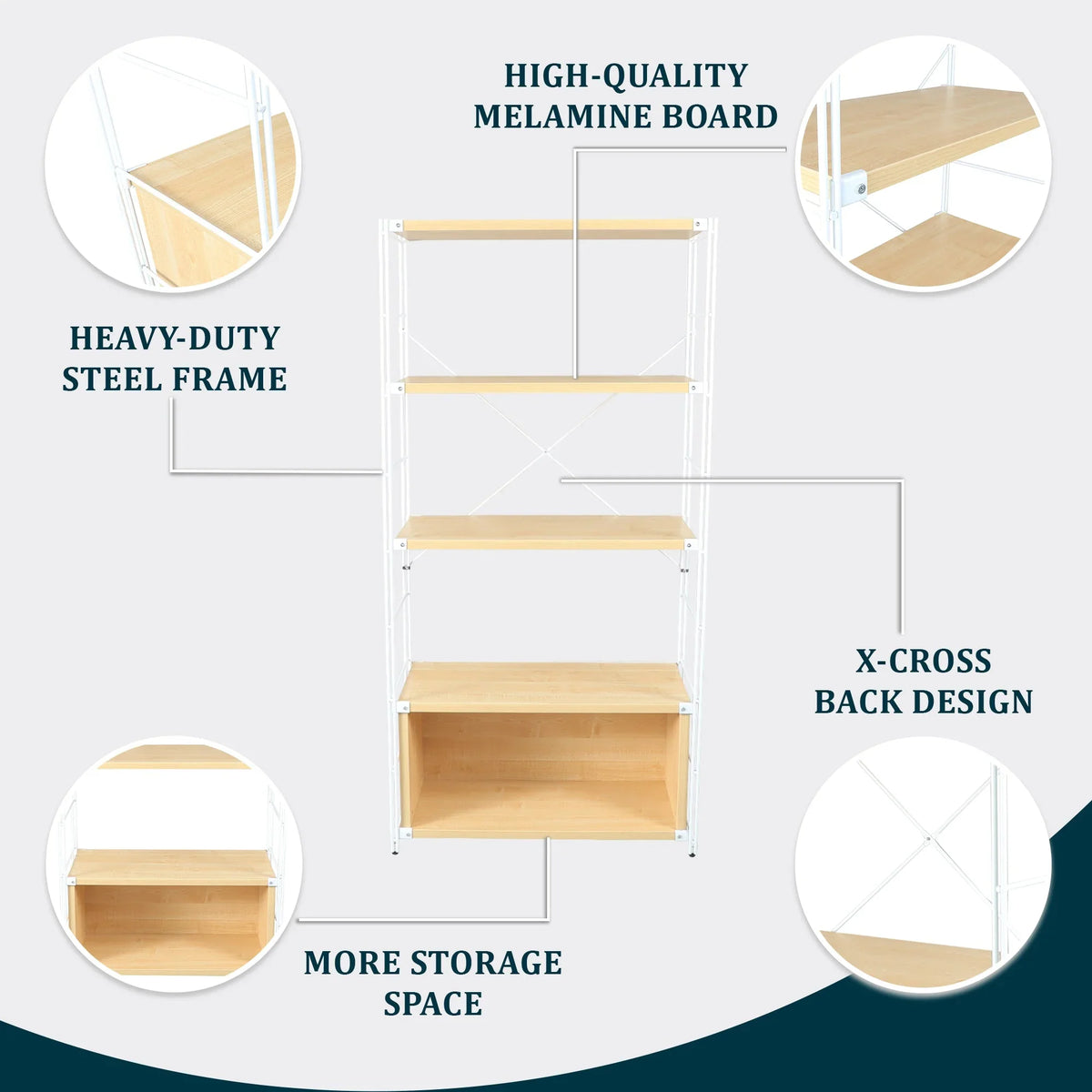Brentwood Etagere Bookcase with White Powder Coated Steel Frame and Melamine Board Shelves - Elax Furniture