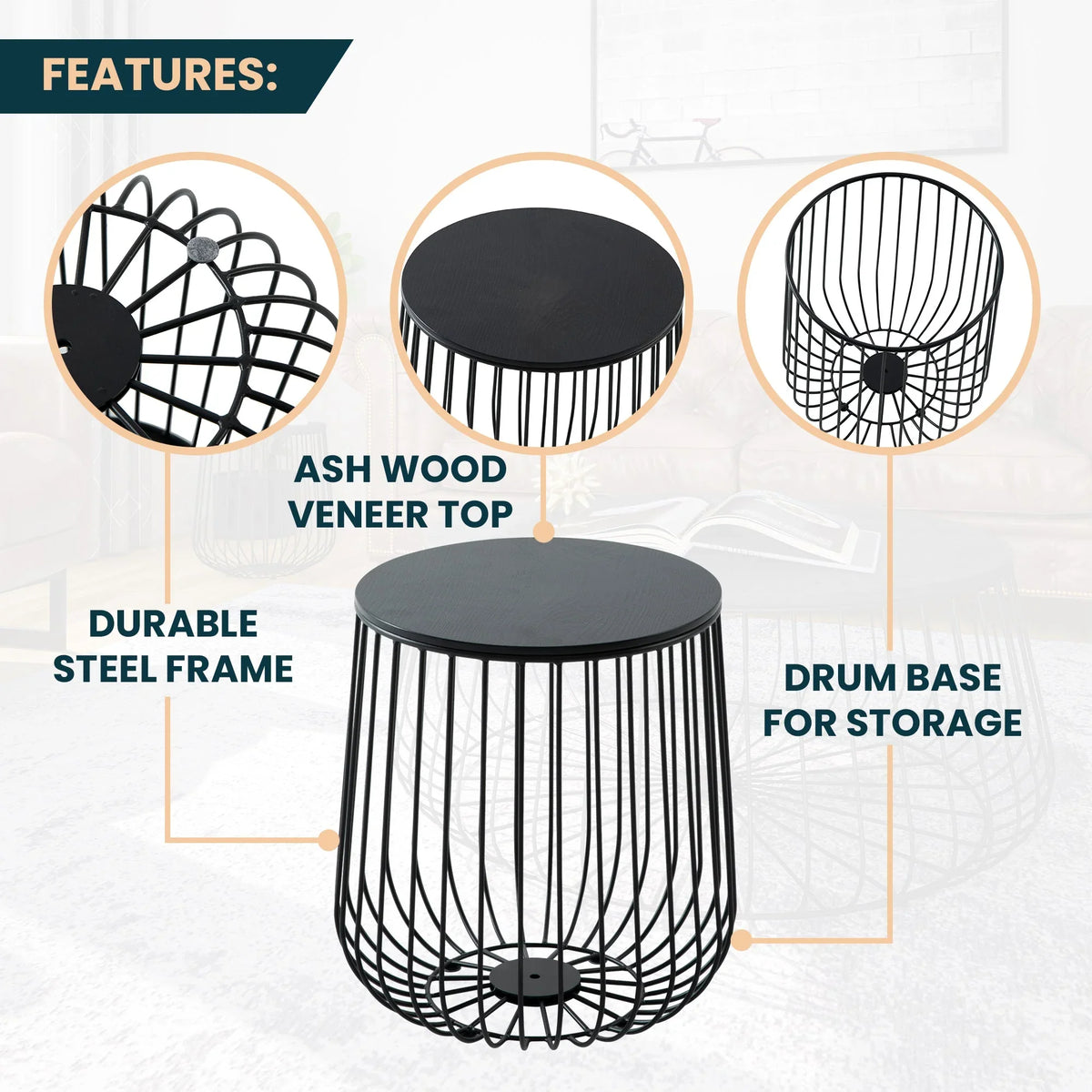 Runswick Round End Table Wood Tabletop With Steel Drum Base for Storage - Elax Furniture