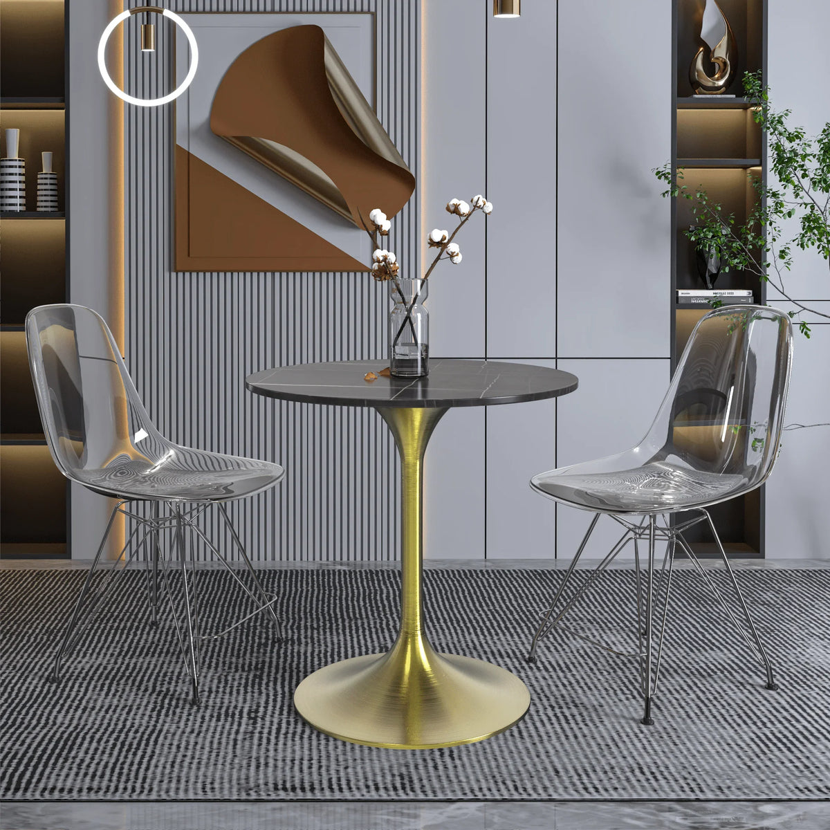 Verve Round Dining Table with MDF/Sintered Stone/Resin Tabletop in Gold Stainless Steel Pedestal Base - Elax Furniture