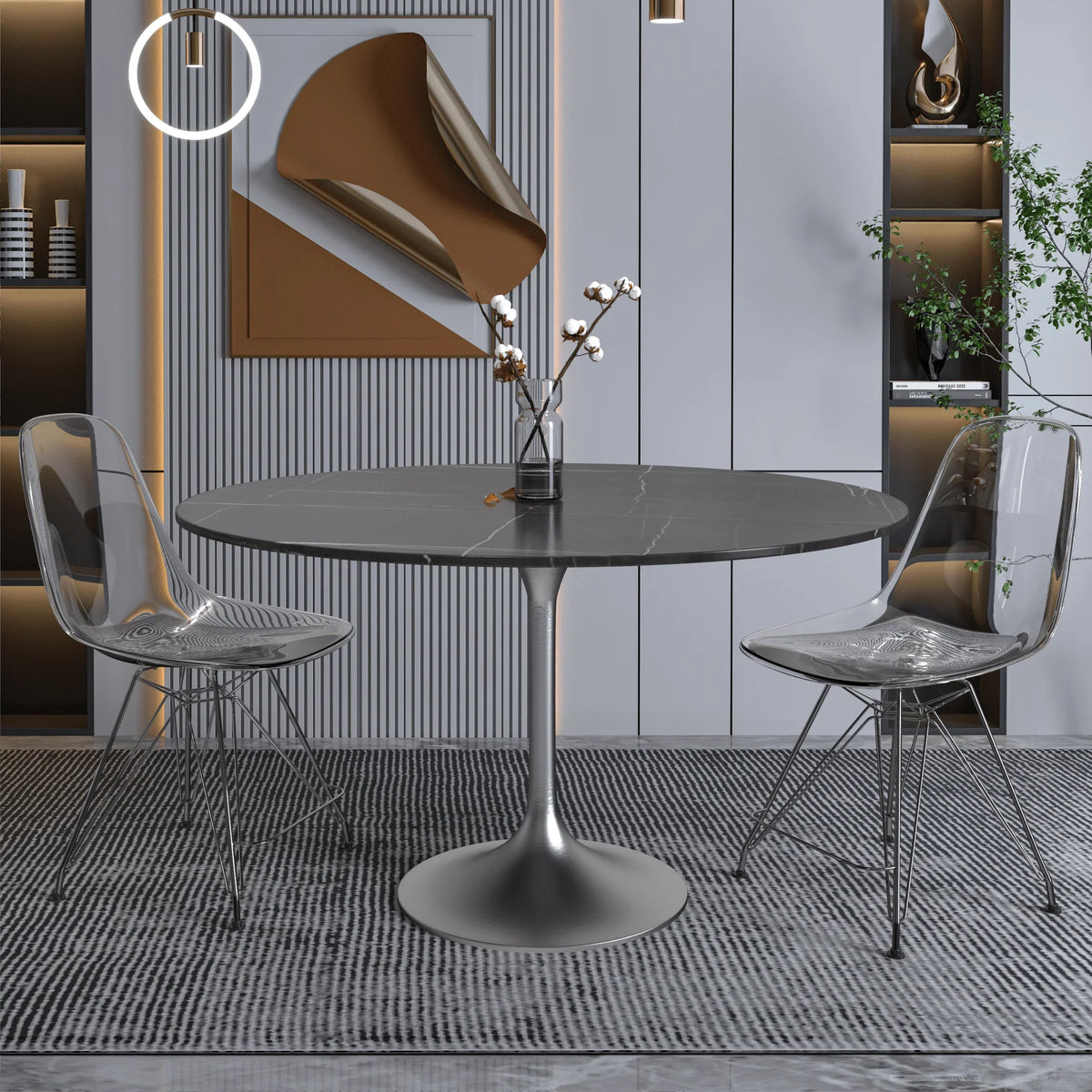 Verve Round Dining Table with MDF/Sintered Stone/Resin Tabletop in Silver Stainless Steel Pedestal Base - Elax Furniture
