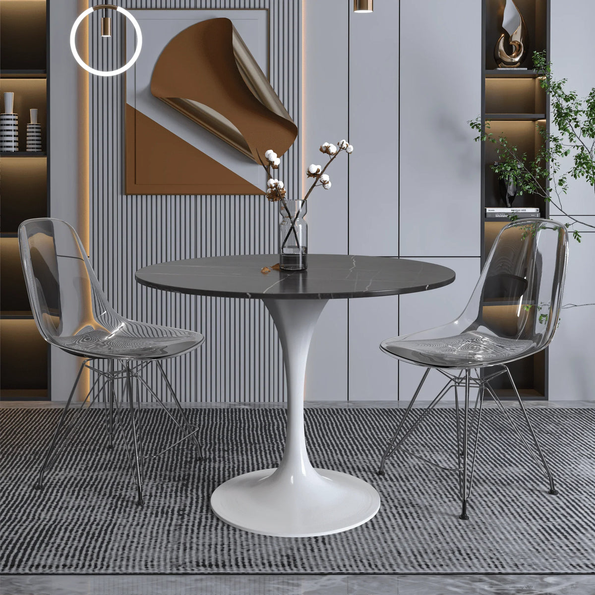 Verve Round Dining Table with MDF/Sintered Stone/Resin Tabletop in White Stainless Steel Pedestal Base - Elax Furniture