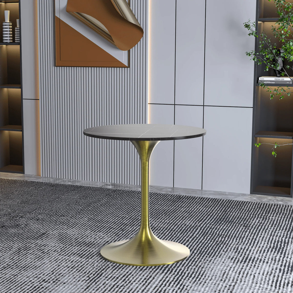Verve Round Dining Table with MDF/Sintered Stone/Resin Tabletop in Gold Stainless Steel Pedestal Base - Elax Furniture