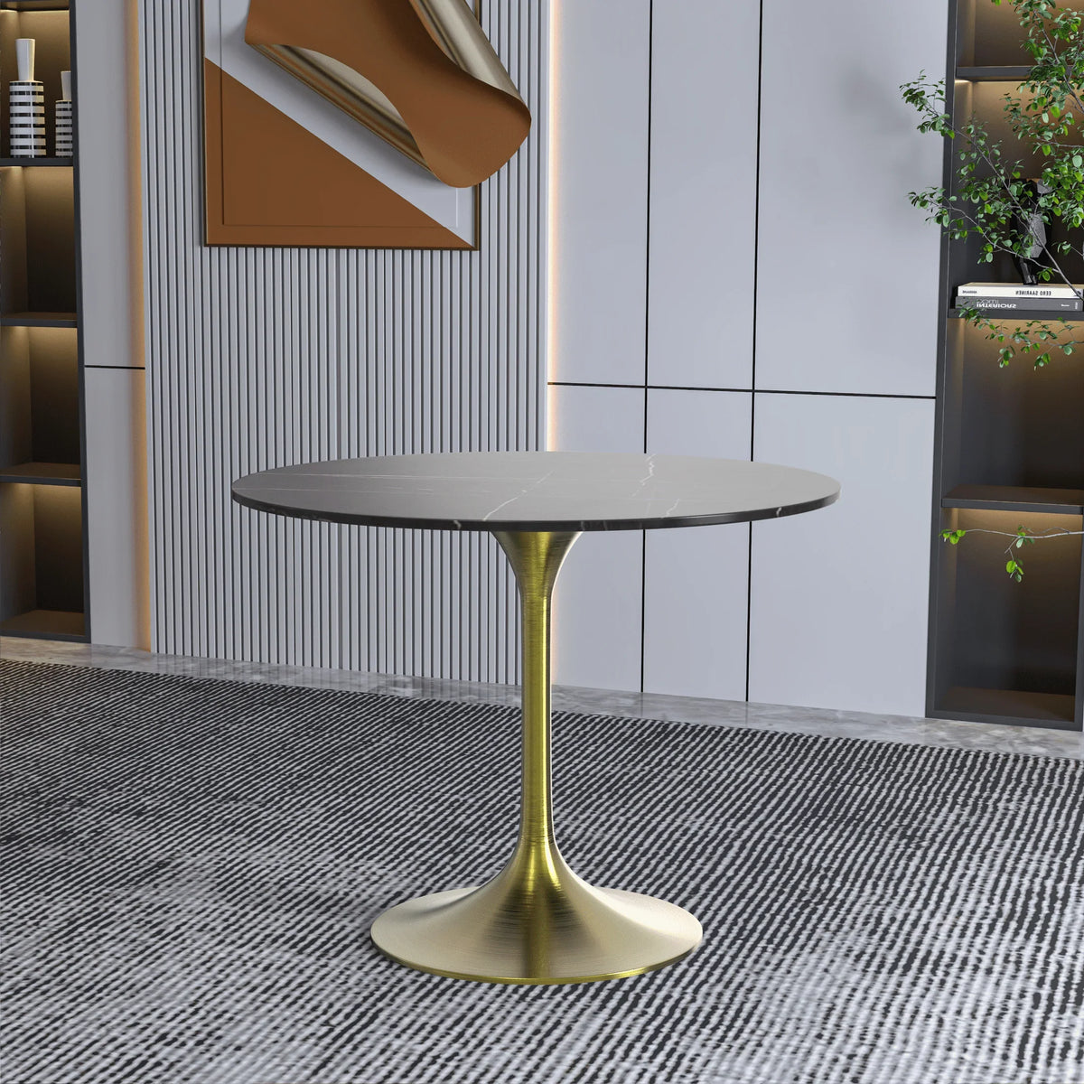 Verve Round Dining Table with MDF/Sintered Stone/Resin Tabletop in Gold Stainless Steel Pedestal Base - Elax Furniture