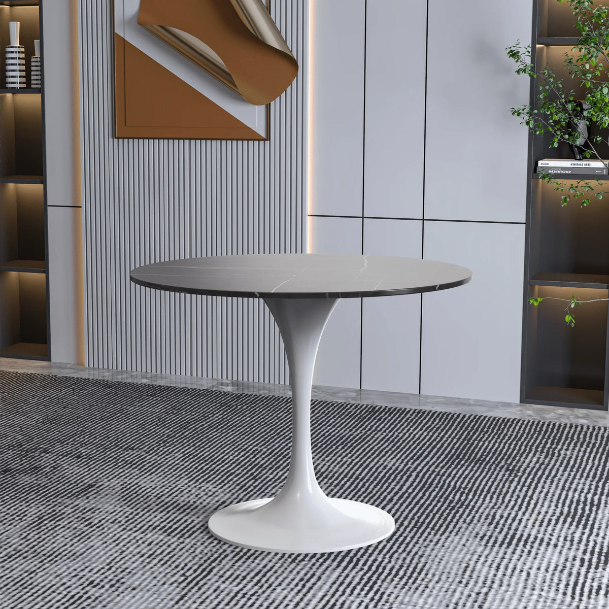 Verve Round Dining Table with MDF/Sintered Stone/Resin Tabletop in White Stainless Steel Pedestal Base - Elax Furniture