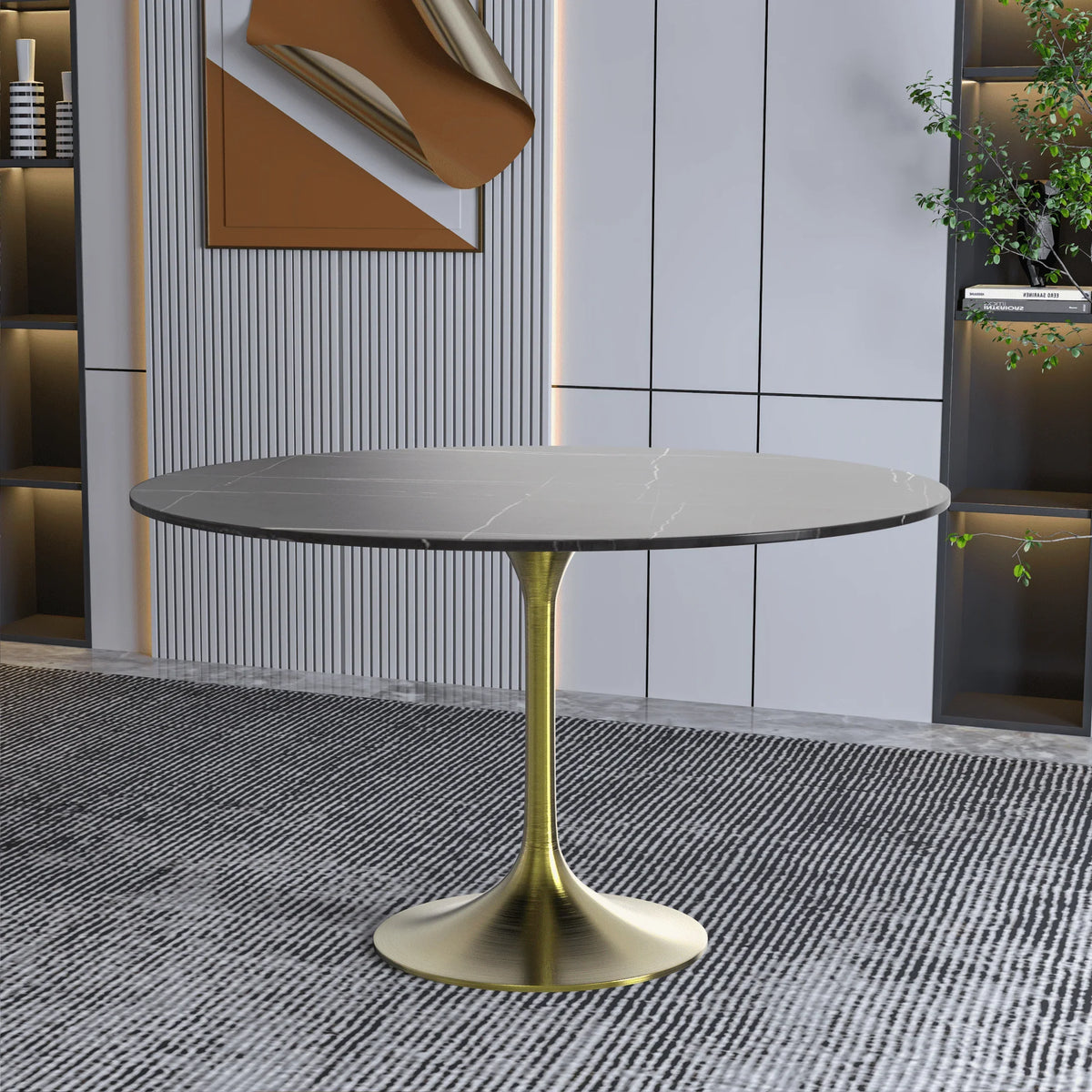 Verve Round Dining Table with MDF/Sintered Stone/Resin Tabletop in Gold Stainless Steel Pedestal Base - Elax Furniture