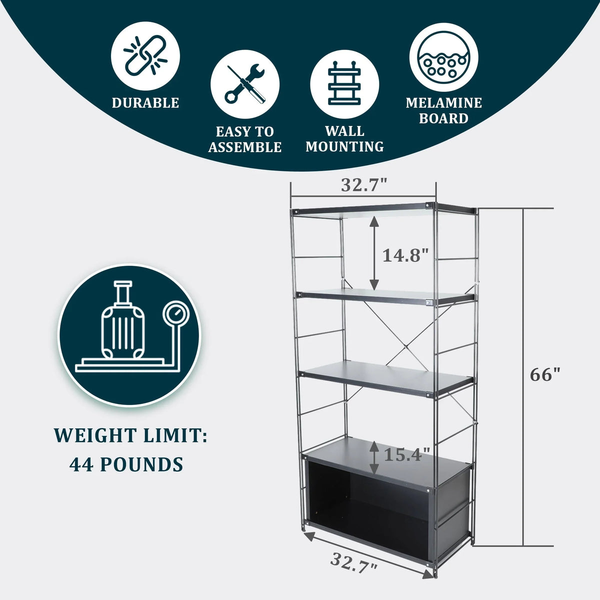 Brentwood Etagere Bookcase with Black Powder Coated Steel Frame and Melamine Board Shelves - Elax Furniture
