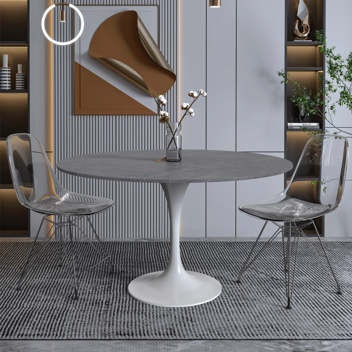 Verve Round Dining Table with MDF/Sintered Stone/Resin Tabletop in White Stainless Steel Pedestal Base - Elax Furniture