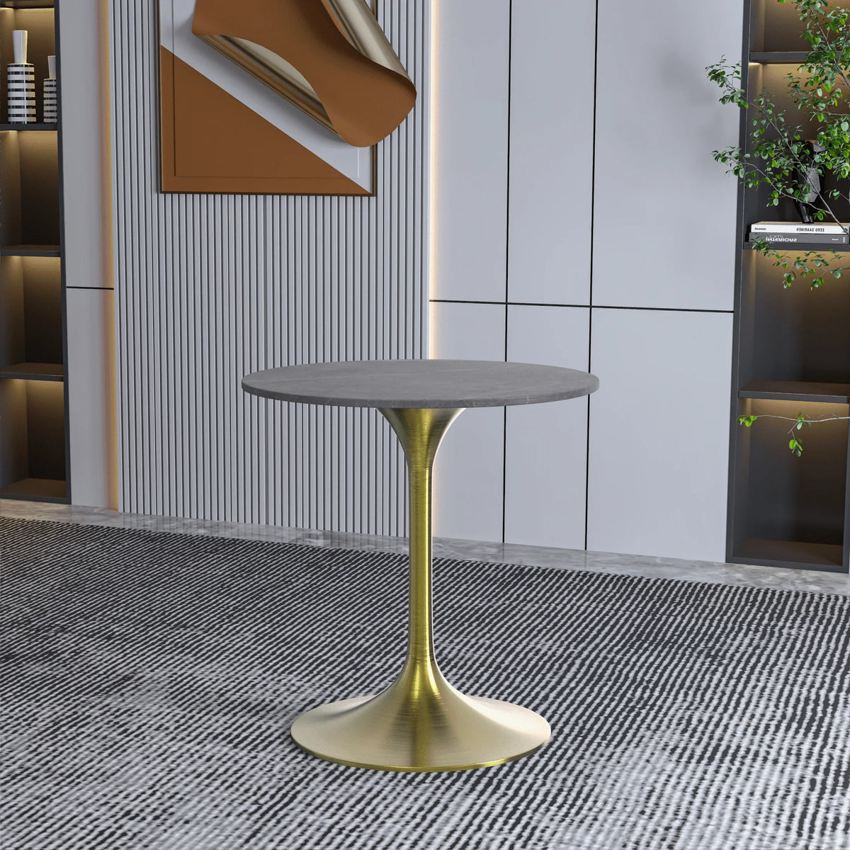 Verve Round Dining Table with MDF/Sintered Stone/Resin Tabletop in Gold Stainless Steel Pedestal Base - Elax Furniture