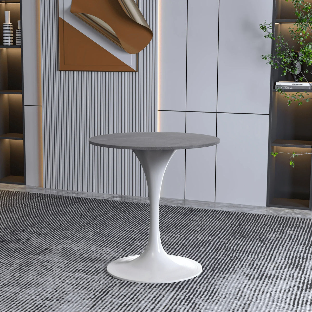 Verve Round Dining Table with MDF/Sintered Stone/Resin Tabletop in White Stainless Steel Pedestal Base - Elax Furniture