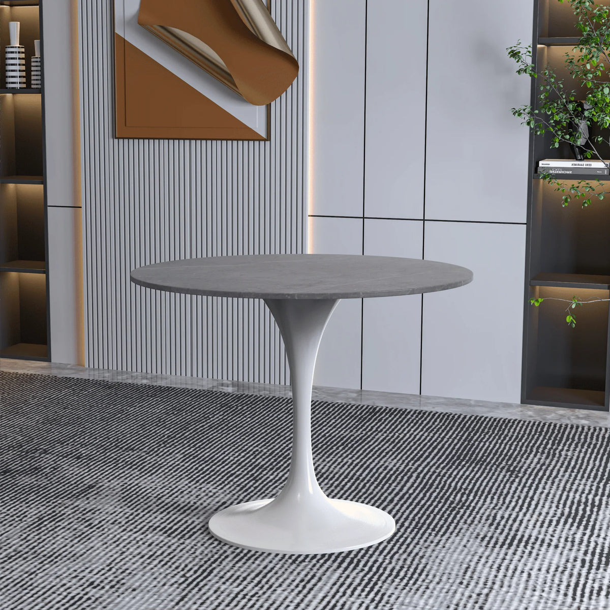 Verve Round Dining Table with MDF/Sintered Stone/Resin Tabletop in White Stainless Steel Pedestal Base - Elax Furniture