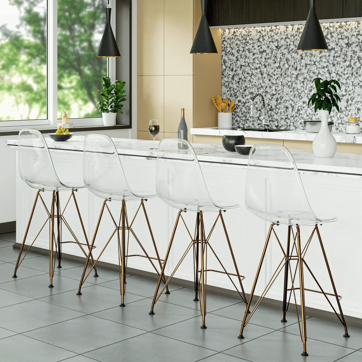 Cresco Modern Acrylic Barstool with Gold Chrome Base and Footrest - Elax Furniture
