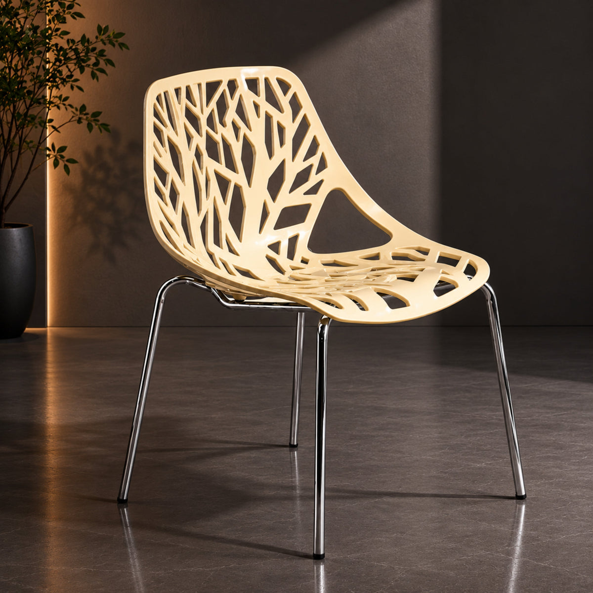 Asbury Polypropylene Dining Side Chair with Forest Cut-Out Design in Chrome