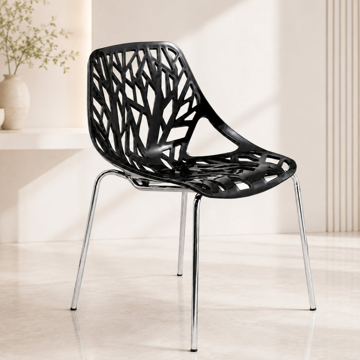 Asbury Polypropylene Dining Side Chair with Forest Cut-Out Design in Chrome