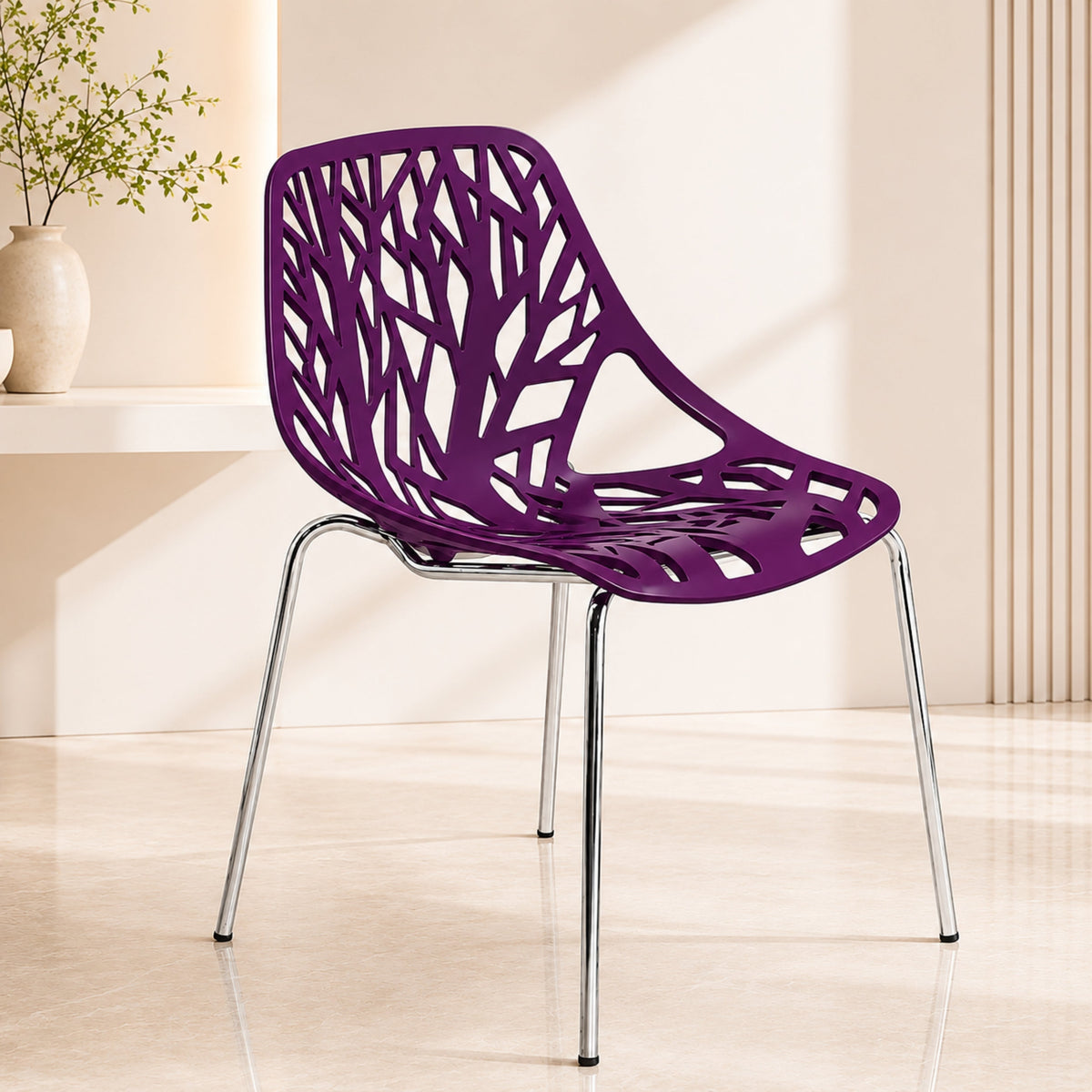 Asbury Polypropylene Dining Side Chair with Forest Cut-Out Design in Chrome