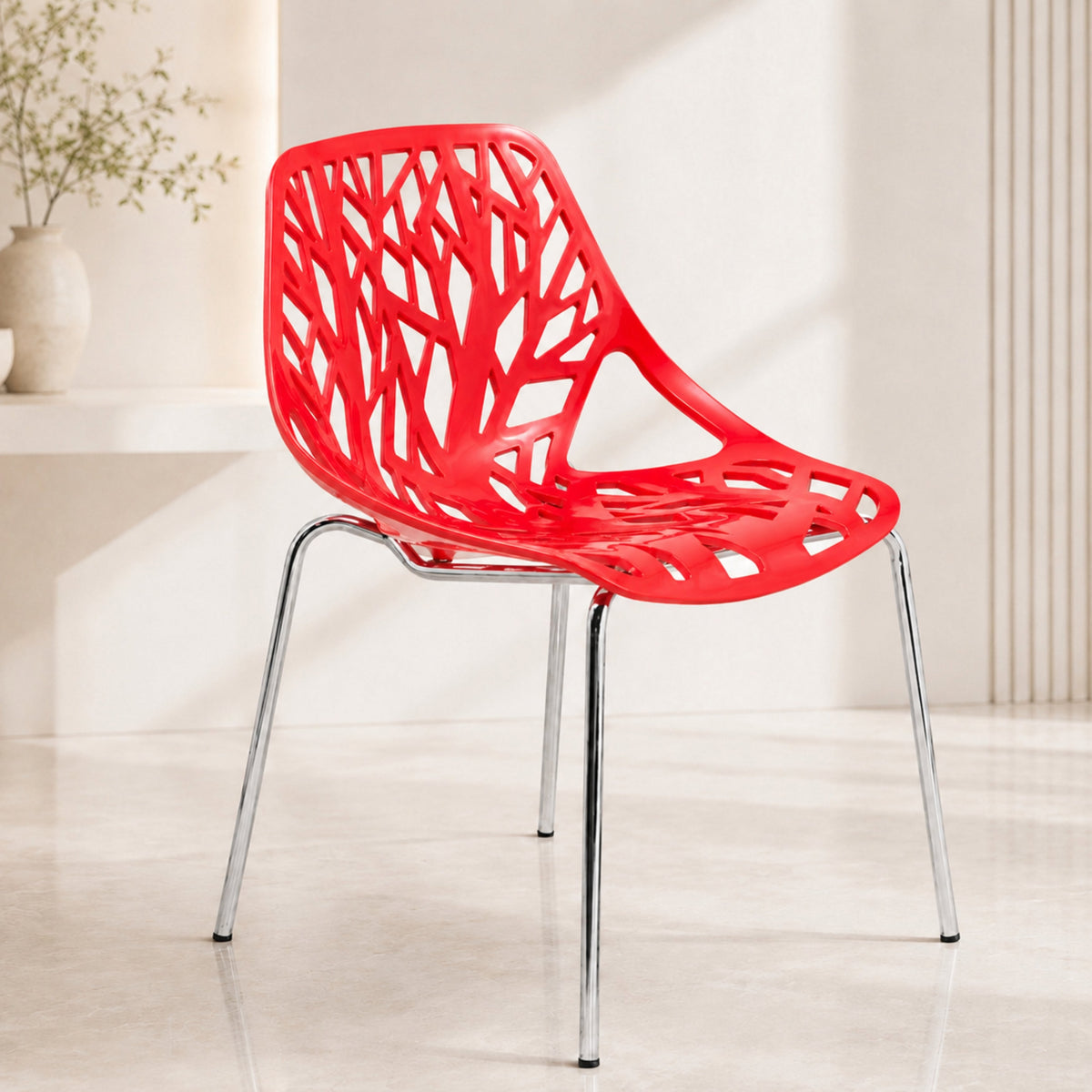 Asbury Polypropylene Dining Side Chair with Forest Cut-Out Design in Chrome