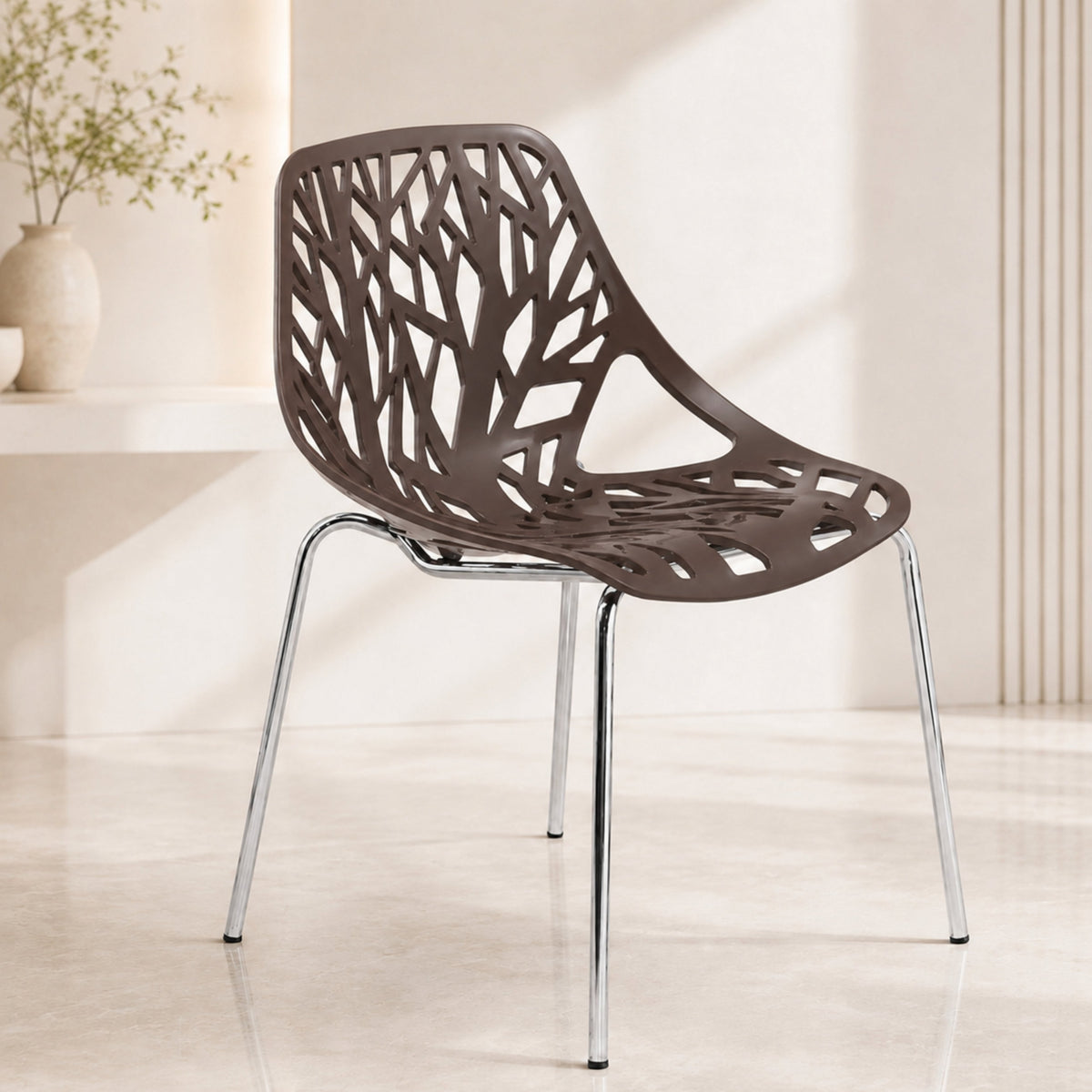Asbury Polypropylene Dining Side Chair with Forest Cut-Out Design in Chrome