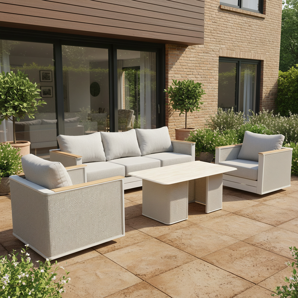 LeisureMod Arvin 4-Piece Conversation Set with Coffee Table, Sofa, and 2 Accent Chairs