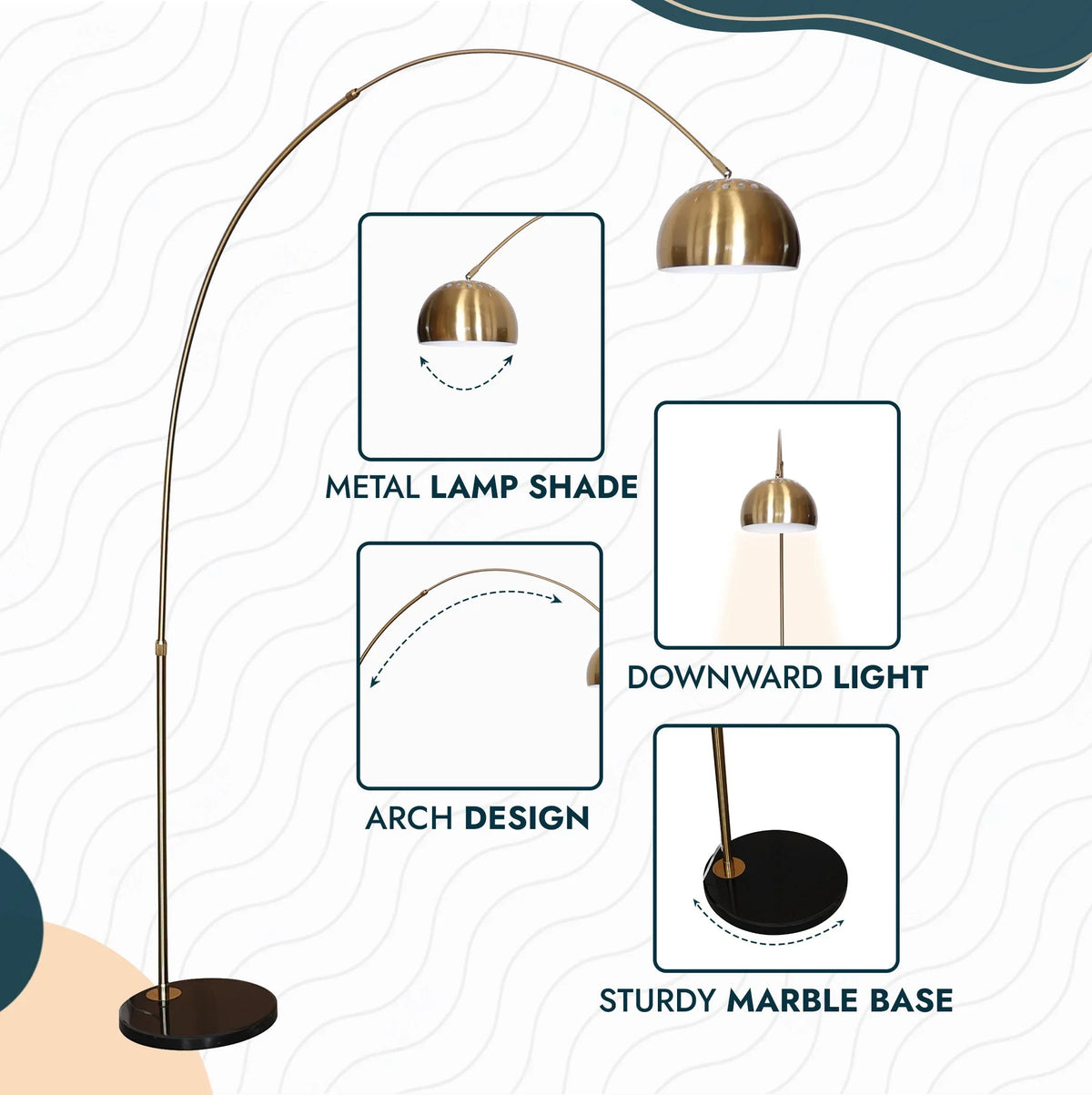 Arco Modern 76" Arched Floor Lamp: Black Marble Base & Metal Dome Shade - Elax Furniture