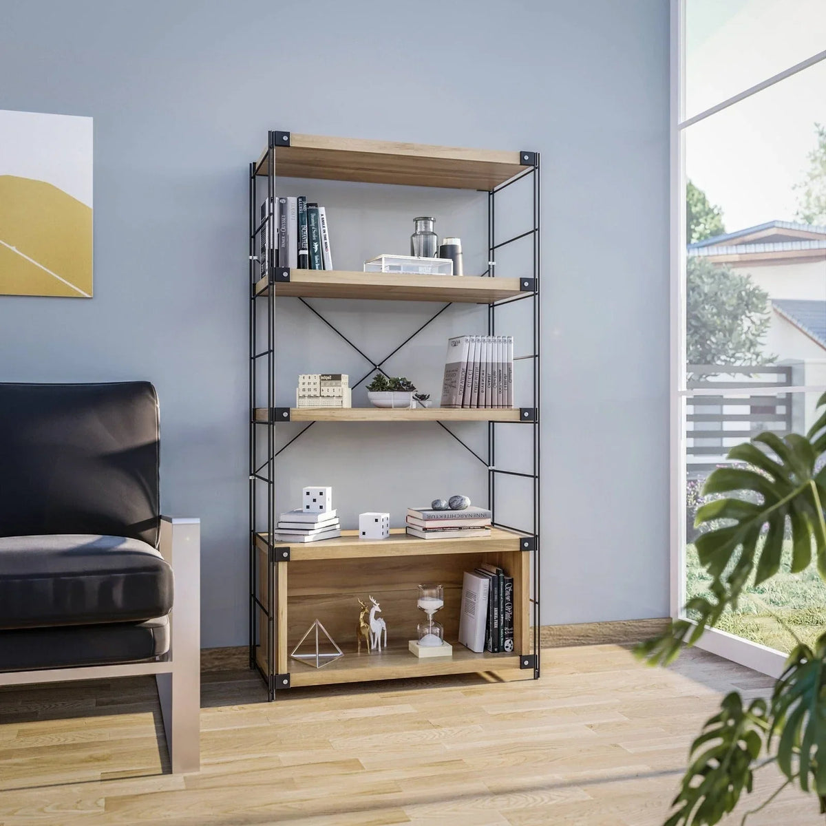Brentwood Etagere Bookcase with Black Powder Coated Steel Frame and Melamine Board Shelves - Elax Furniture