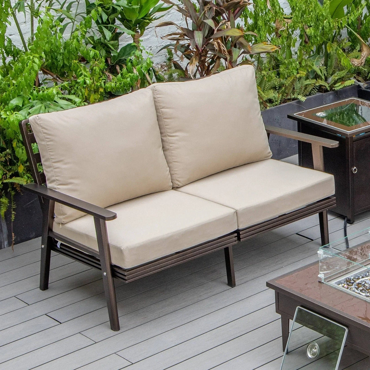 Walbrooke Modern Outdoor Patio Loveseat with Brown Aluminum Frame and Removable Cushions - Elax Furniture