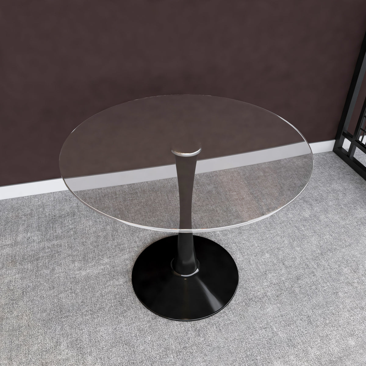 Bristol Round Dining Table with MDF/Sintered Stone/Glass Tabletop in Black Steel Base Glass 35 Inches Clear Dining Table Leisuremod