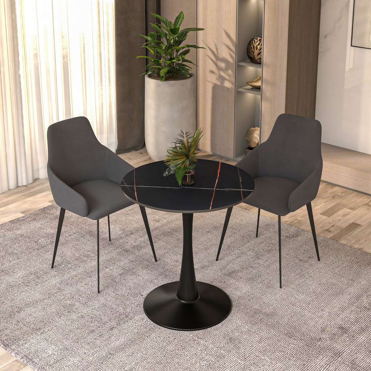 Bristol Round Dining Table with MDF/Sintered Stone/Glass Tabletop in Black Steel Base Sintered Stone 27 Inches Black Dining Table Leisuremod