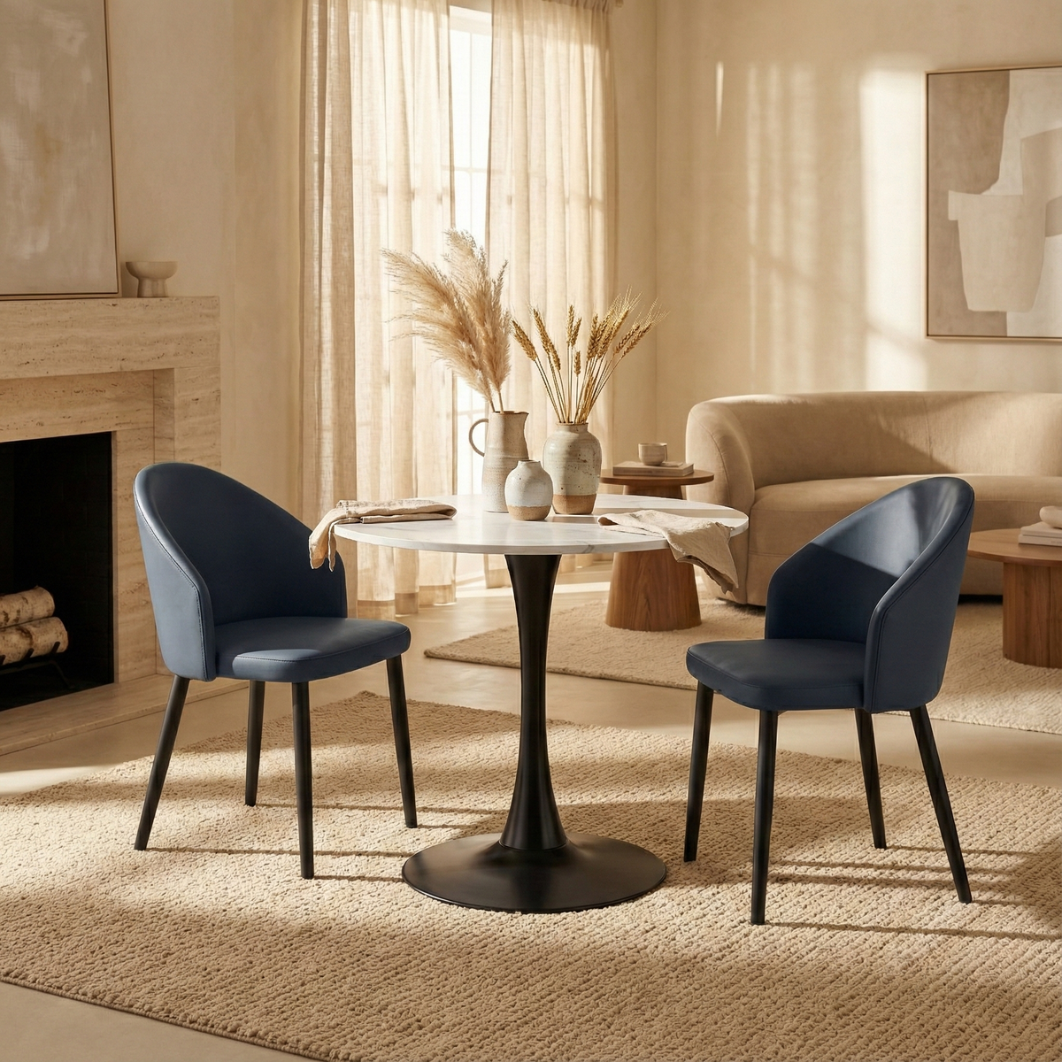 Bristol Round Dining Table with MDF/Sintered Stone/Glass and Bevel Design Tabletop in Black Steel Base