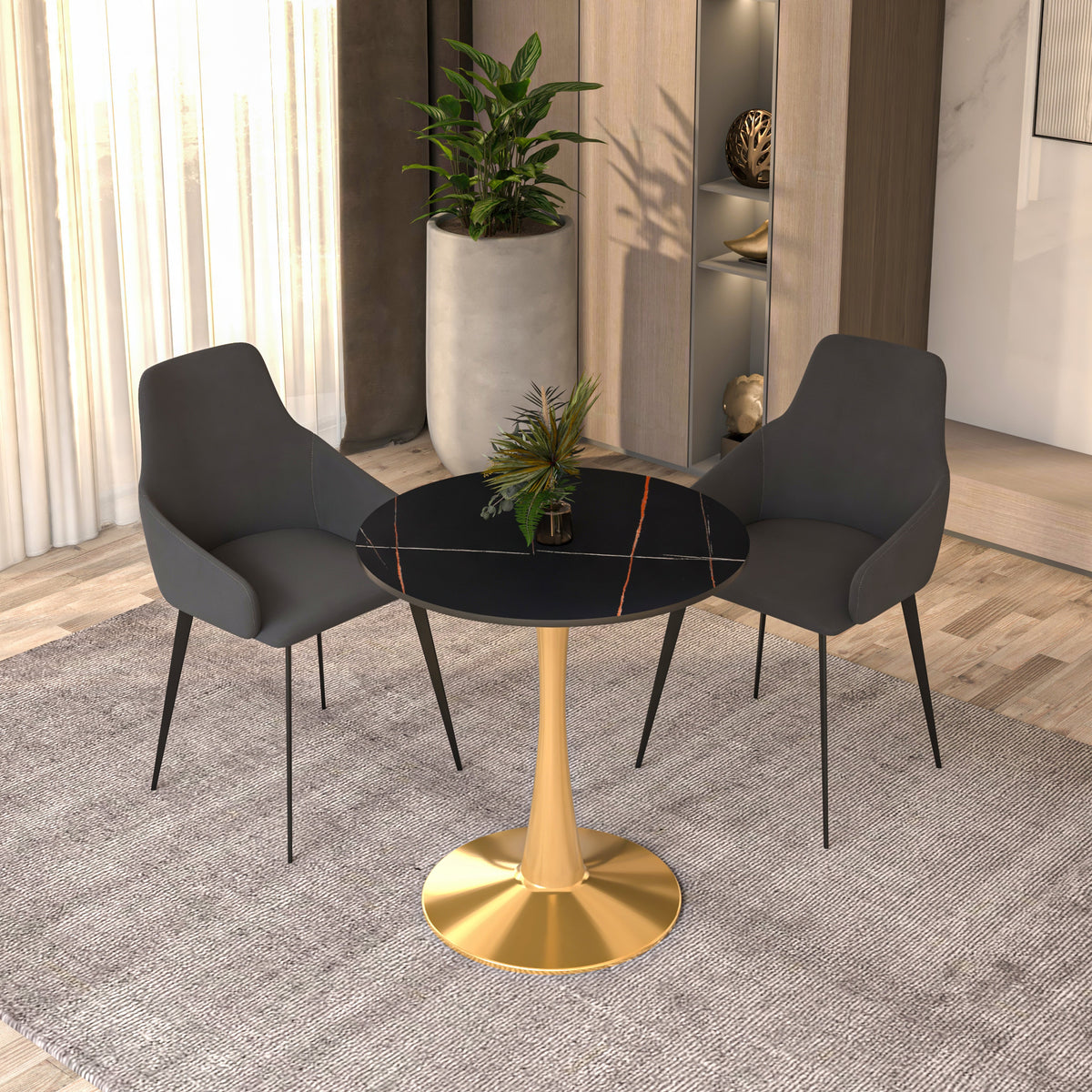 Bristol Round Dining Table with MDF/Sintered Stone/Glass Tabletop in Gold Steel Sintered Stone 27 Inches Black Dining Table Leisuremod