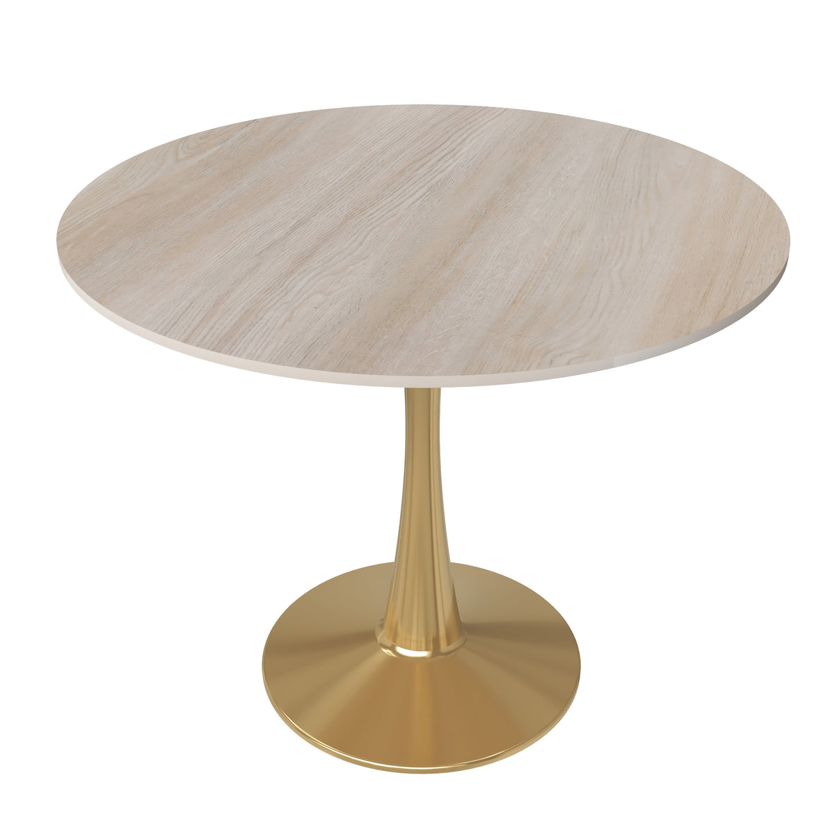 Bristol Round Dining Table with MDF/Sintered Stone/Glass Tabletop in Gold Steel Sintered Stone 35 Inches Natural Wood Dining Table Leisuremod