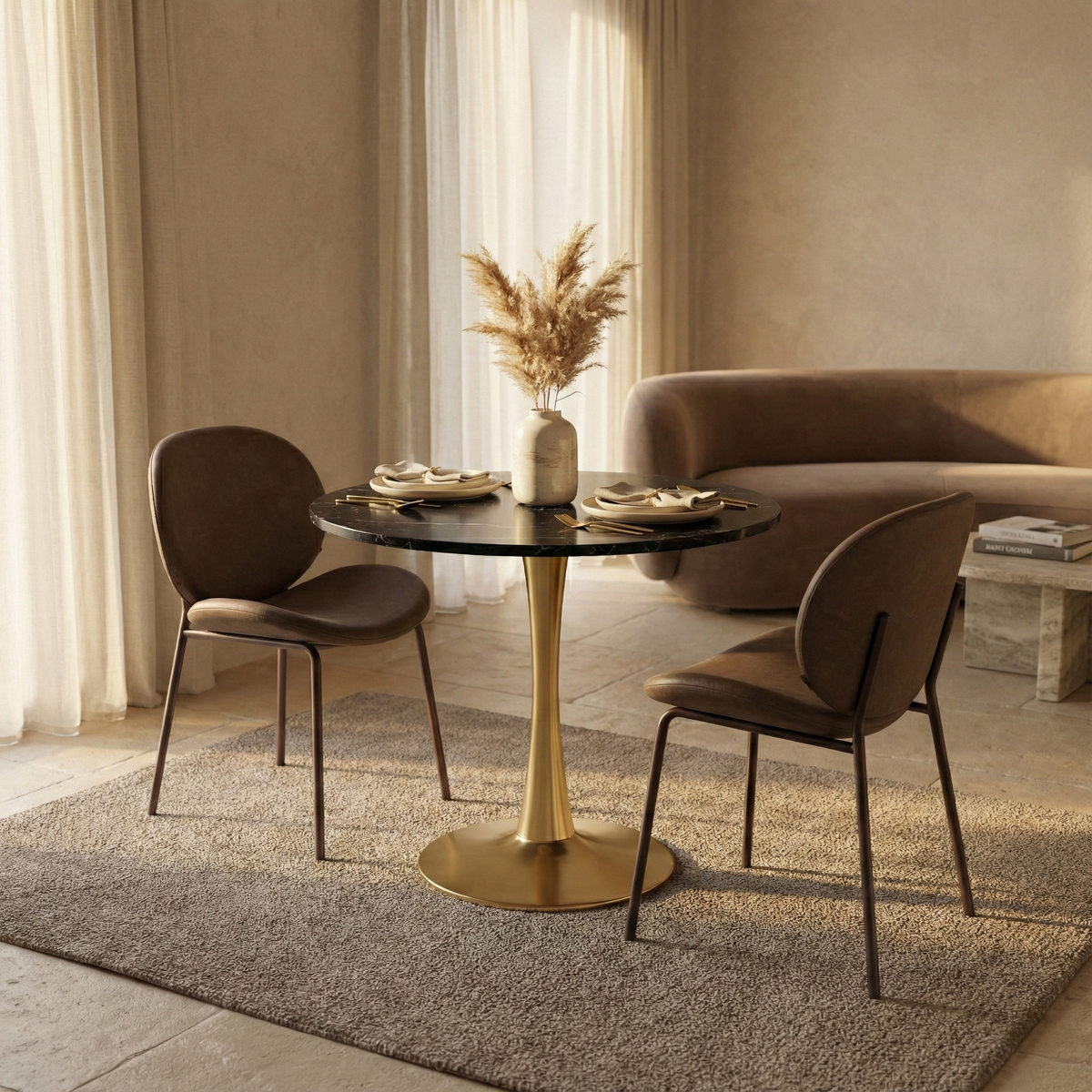 Bristol Round Dining Table with MDF/Sintered Stone/Glass Tabletop in Gold Steel