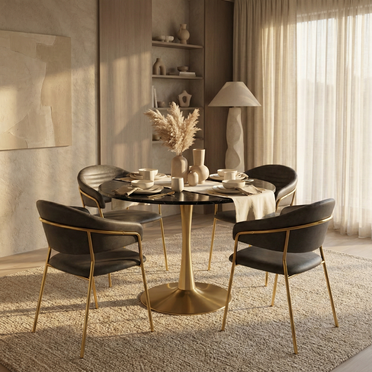 Bristol Round Dining Table with MDF/Sintered Stone/Glass Tabletop in Gold Steel