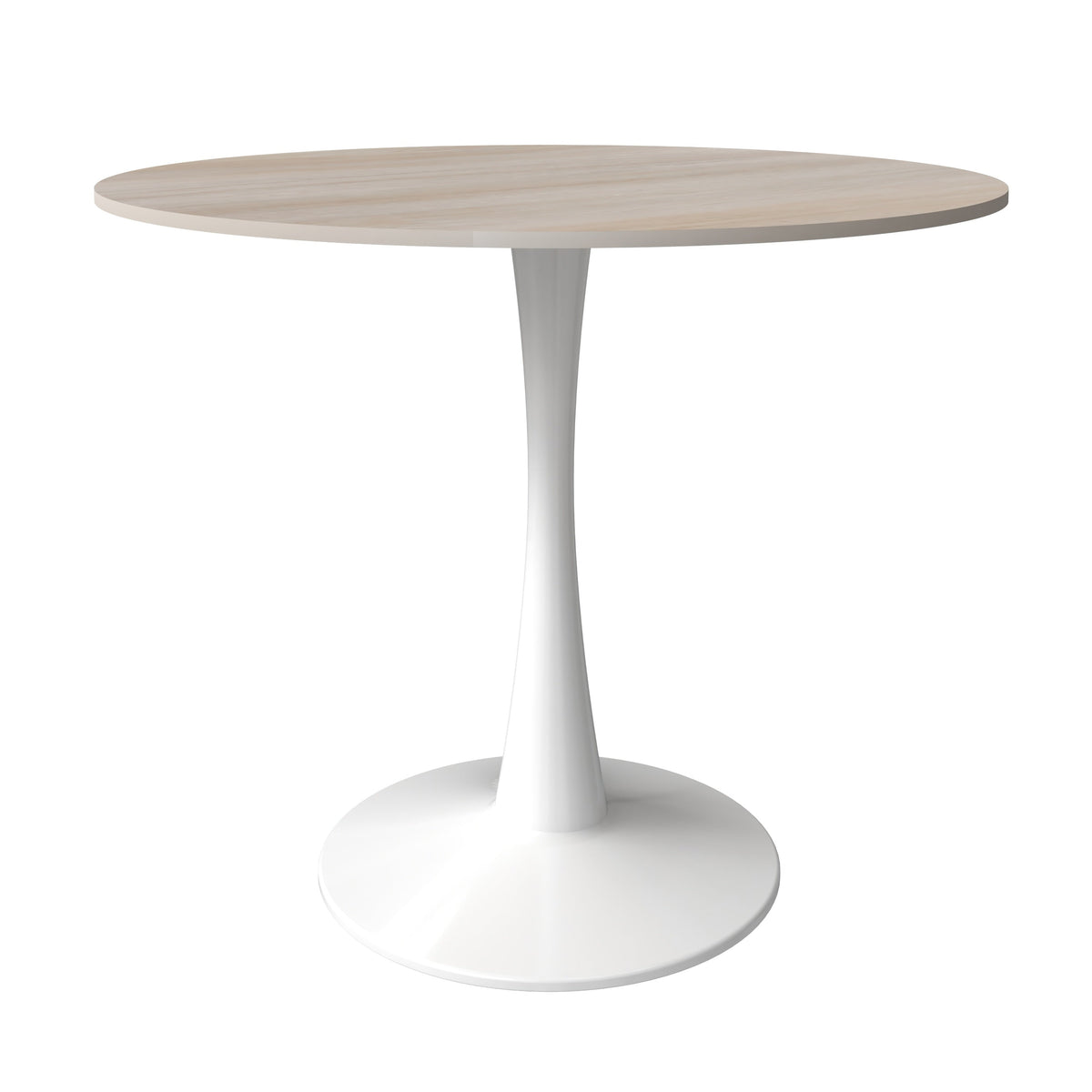 Bristol Round Dining Table with MDF/Sintered Stone/Glass Wood Tabletop in White Steel Sintered Stone 35 Inches Natural Wood Dining Table Leisuremod