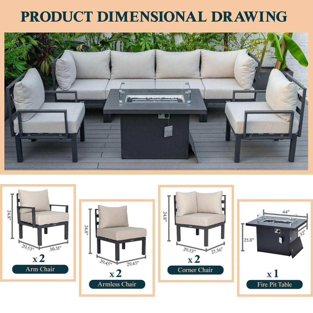 Chelsea 7-Piece Patio Sectional Set in Black Aluminum with Fire Pit Table - Elax Furniture