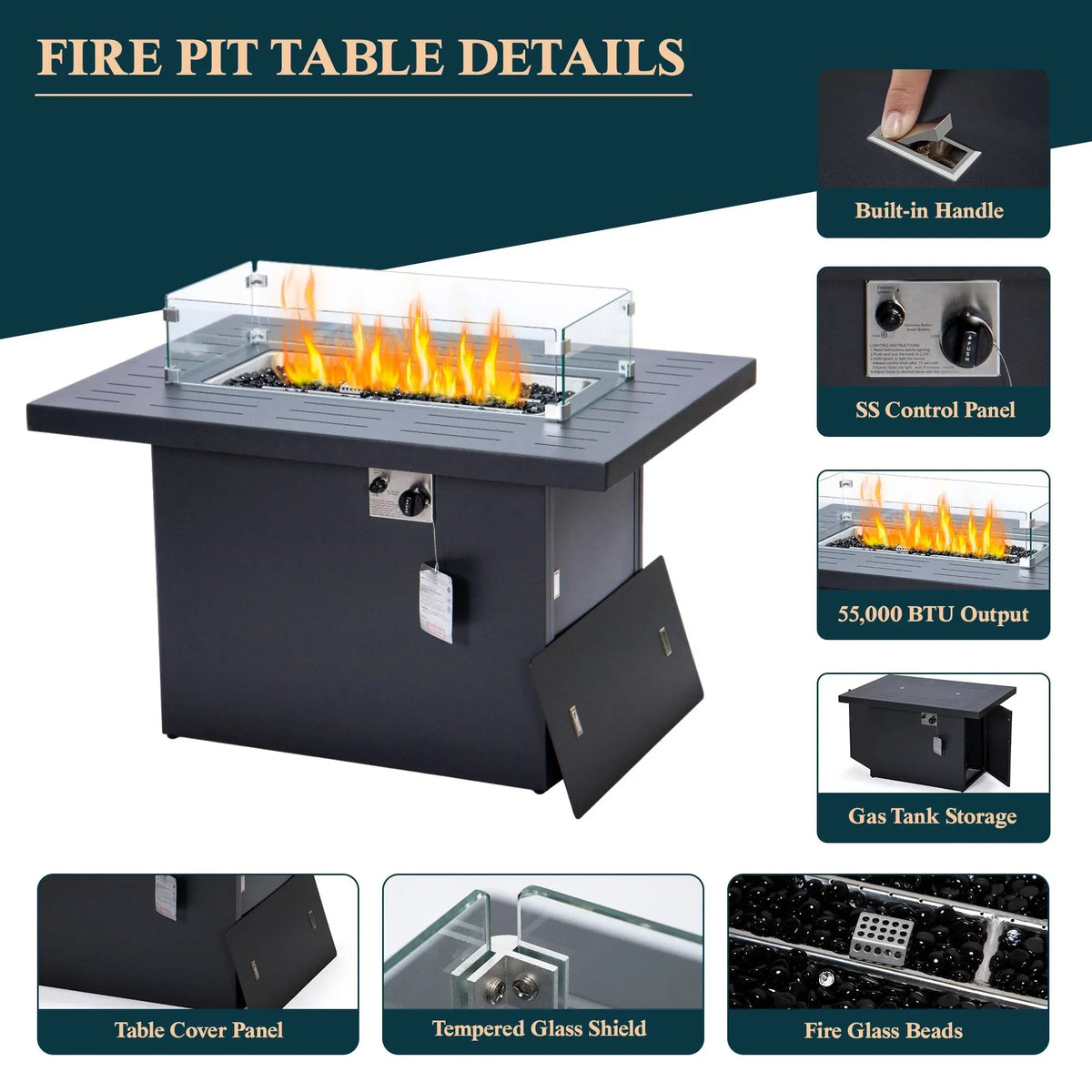 Chelsea 7-Piece Patio Sectional Set in Black Aluminum with Fire Pit Table - Elax Furniture