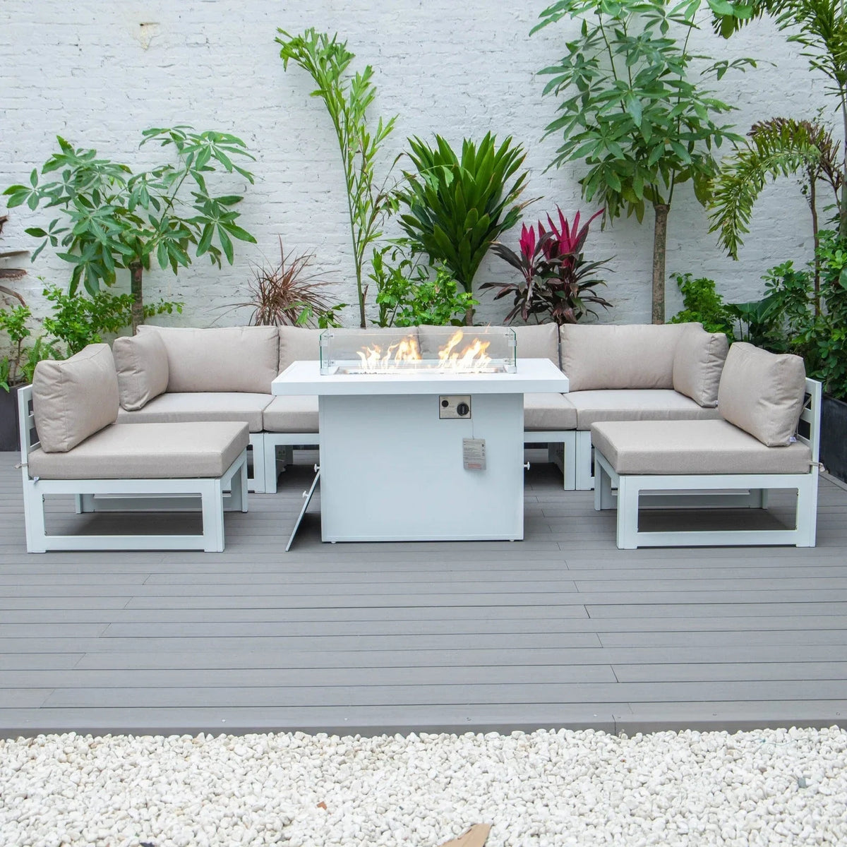 Chelsea 7-Piece Patio Sectional And Fire Pit Table In White Aluminum With Cushions - Elax Furniture