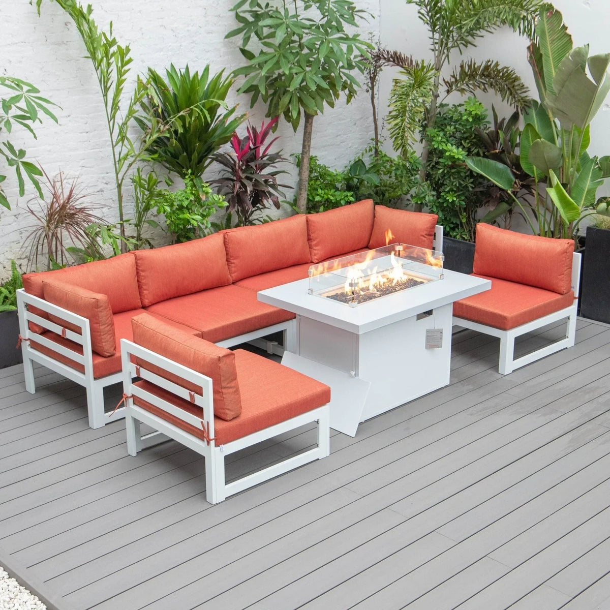 Chelsea 7-Piece Patio Sectional And Fire Pit Table In White Aluminum With Cushions - Elax Furniture