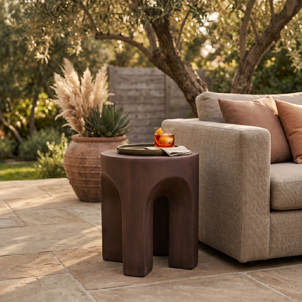Crus Fiberstone Outdoor Side Table With Arched Base Design