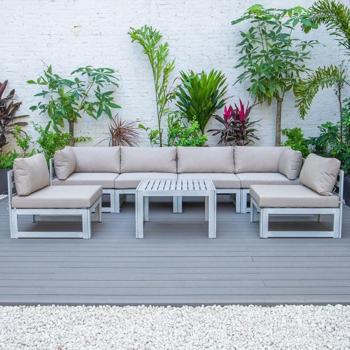 Chelsea 7-Piece Patio Sectional And Coffee Table Set In Weathered Grey Aluminum With Cushions - Elax Furniture