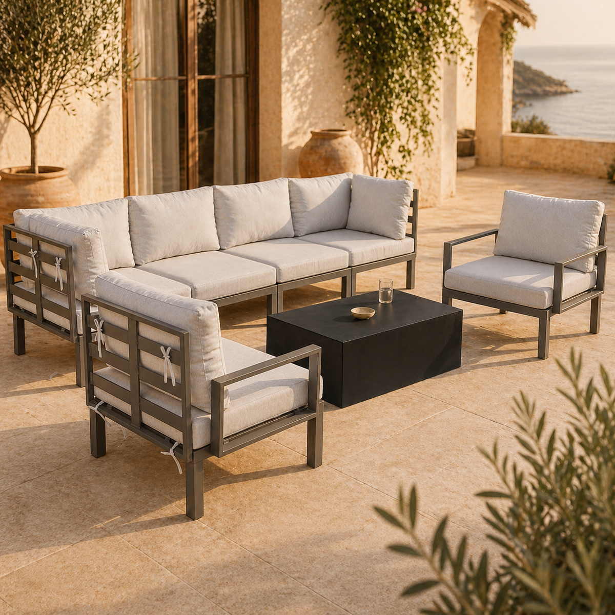 Maya Collection Fiberstone Outdoor/Indoor Rectangular Coffee Table in Travertine