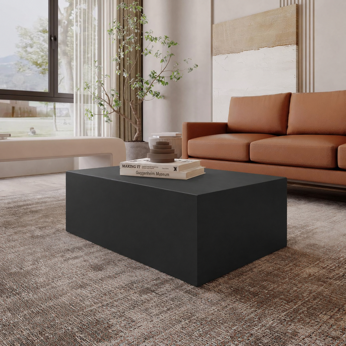Maya Collection Fiberstone Outdoor/Indoor Rectangular Coffee Table in Travertine