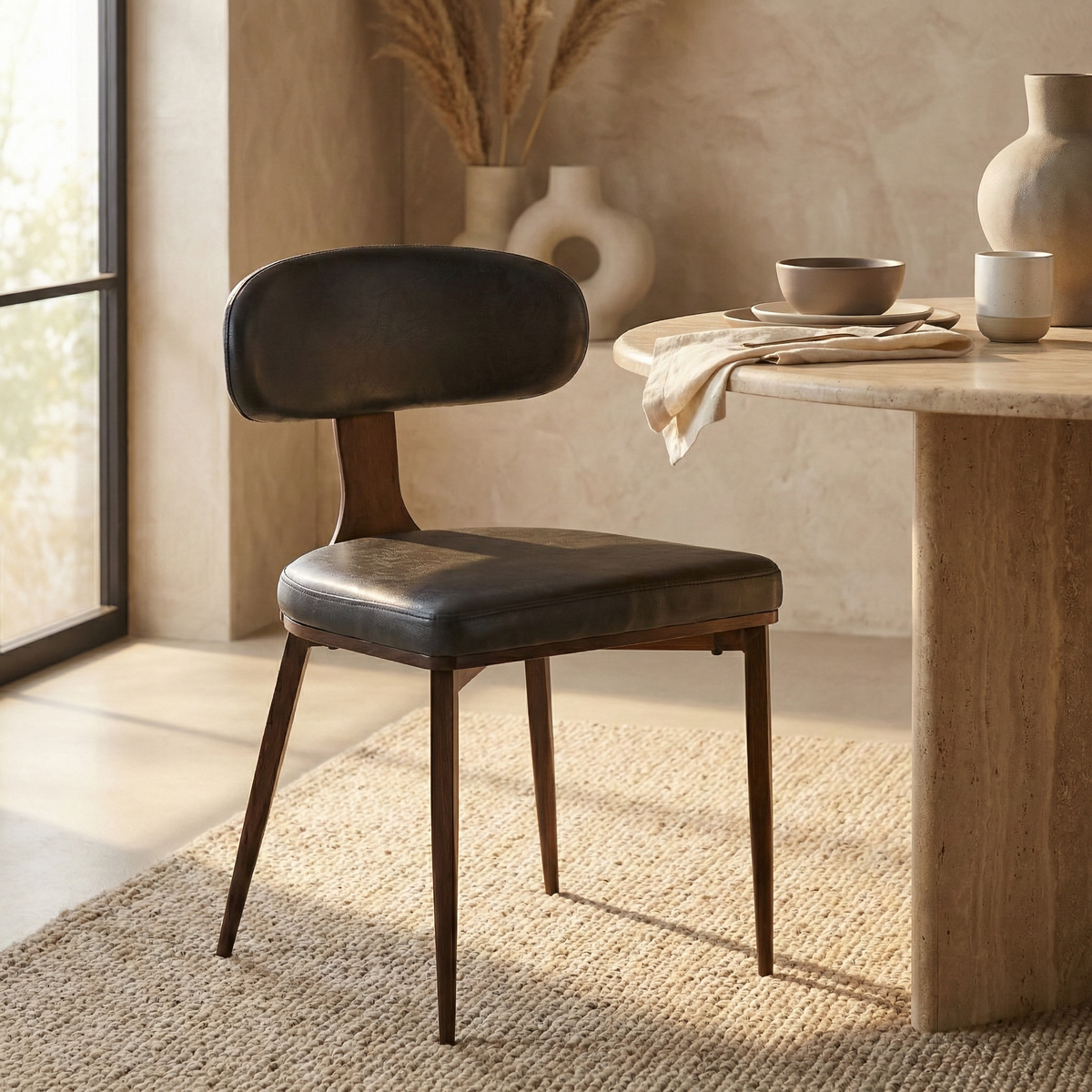 Dilenny Leather Dining Chair with Brown Finish Steel Legs