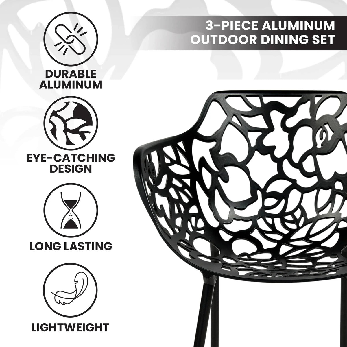 Devon 3-Piece Patio Dining Set: Aluminum Table with Glass Top & 2 Flower Arm Chairs - Elax Furniture