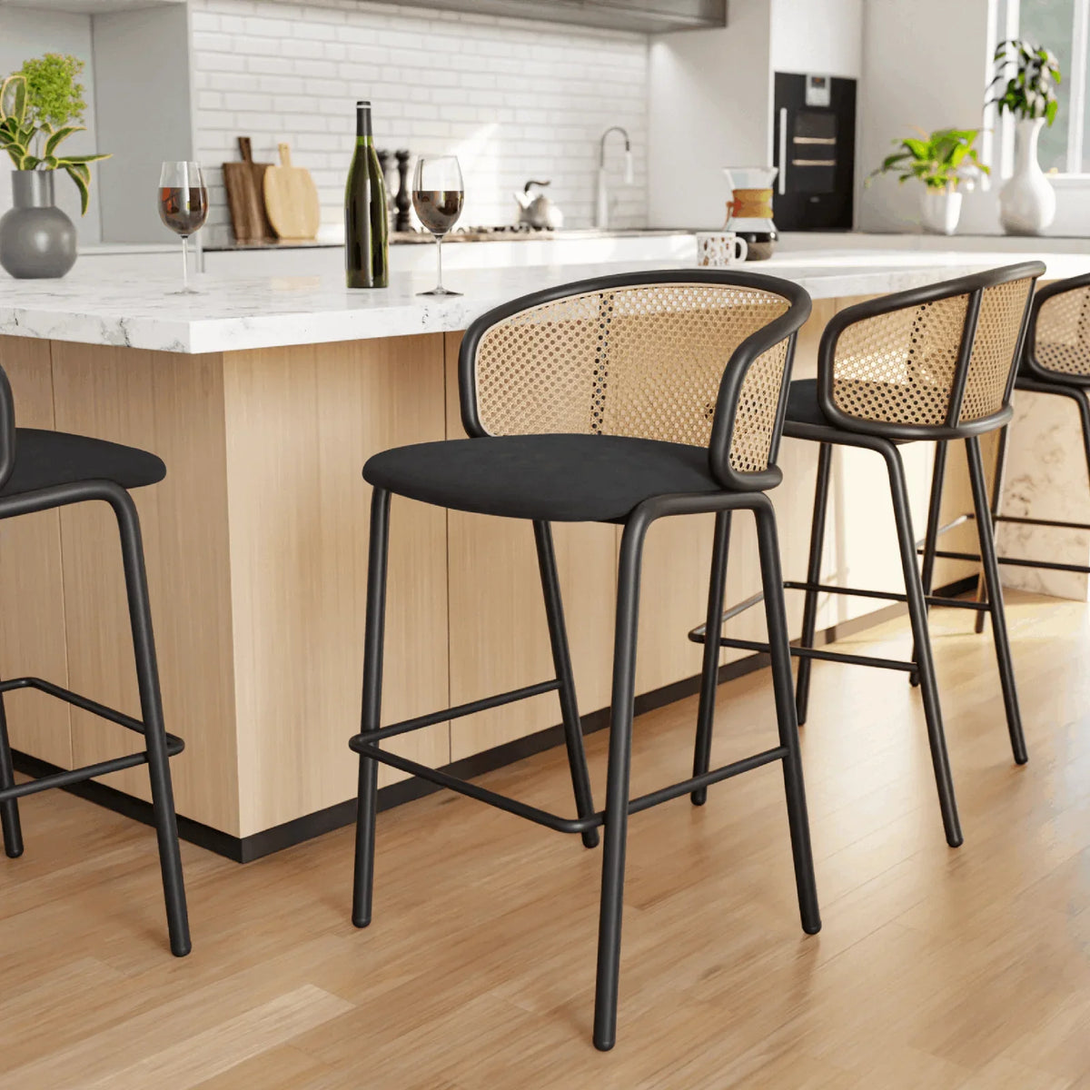 Ervilla Mid-Century Modern Wicker Bar Stool with Fabric Seat and Black Powder Coated Steel Frame - Elax Furniture