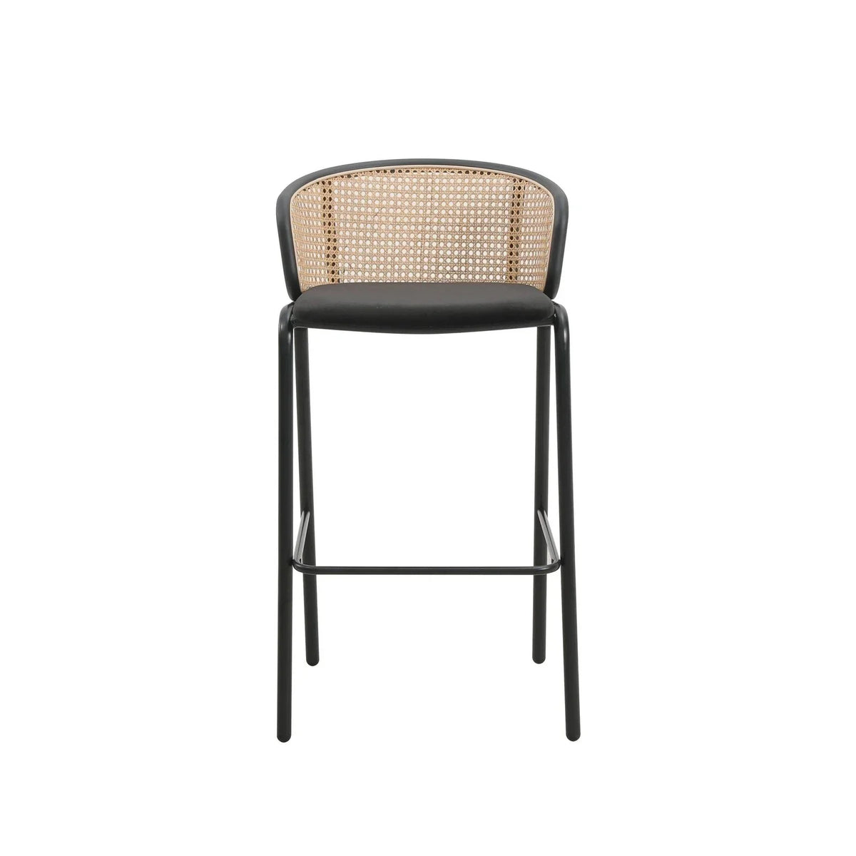 Ervilla Mid-Century Modern Wicker Bar Stool with Fabric Seat and Black Powder Coated Steel Frame - Elax Furniture